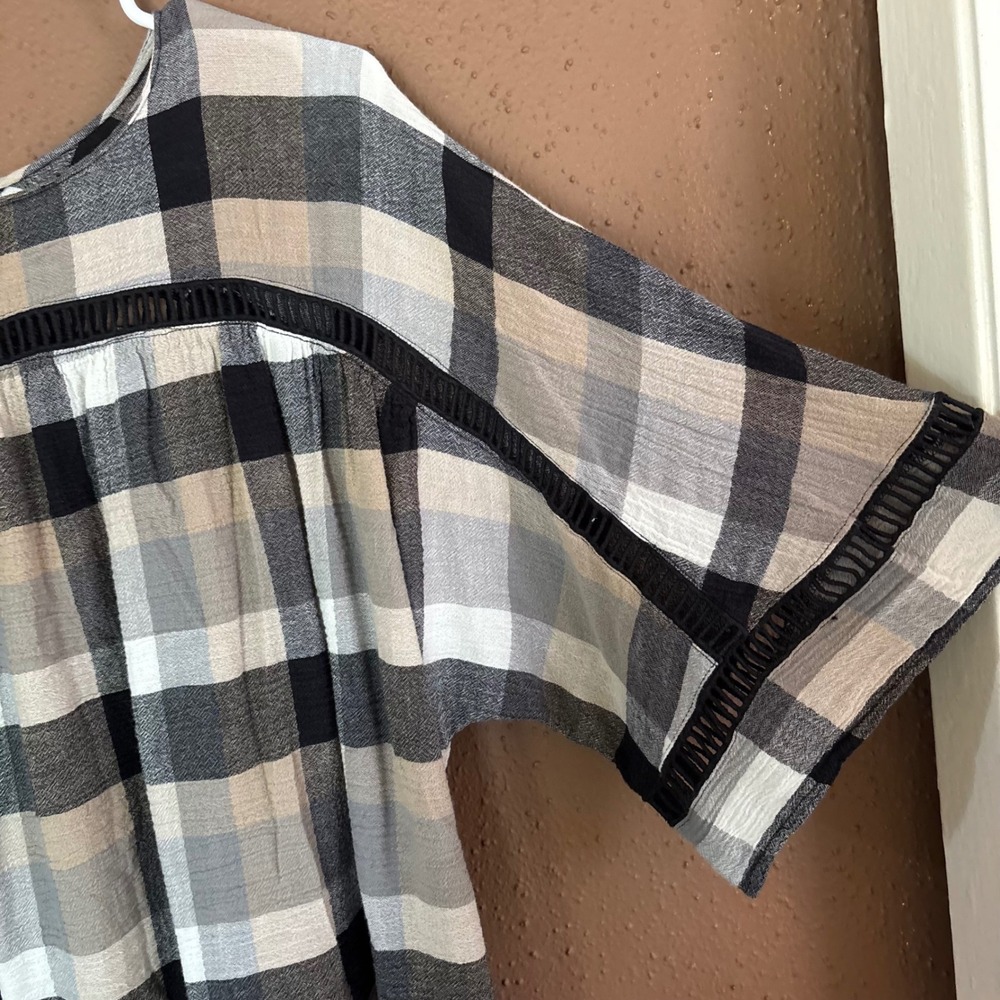 Maeve Anthropologie Plaid Crochet Lace Trim Babydoll Mini Dress Tunic Neutral S - Picture 5 of 7